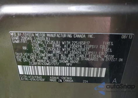 2013 Toyota Rav4 Le from USA, damaged, VIN 2T3BFREV2DW077017